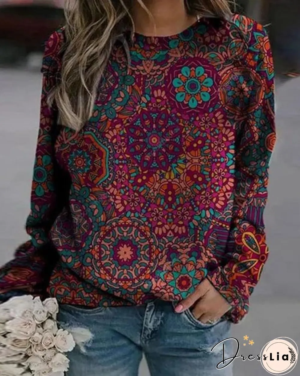 Round Neckline Vintage Print Casual Loose Regular Sweatshirt