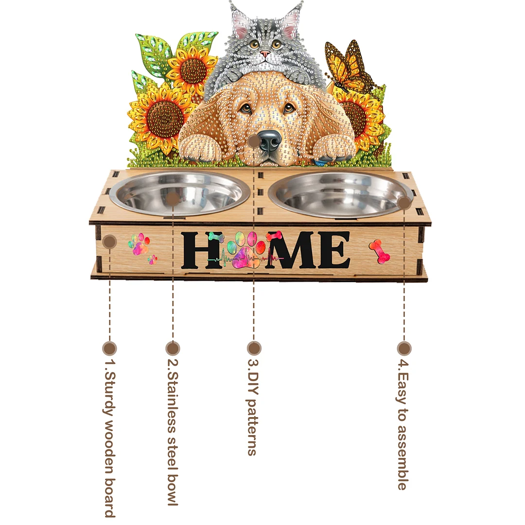 Diamond Painting Food Bowl with Wood Stand Diamond Art Dog Bowl for Small Dogs