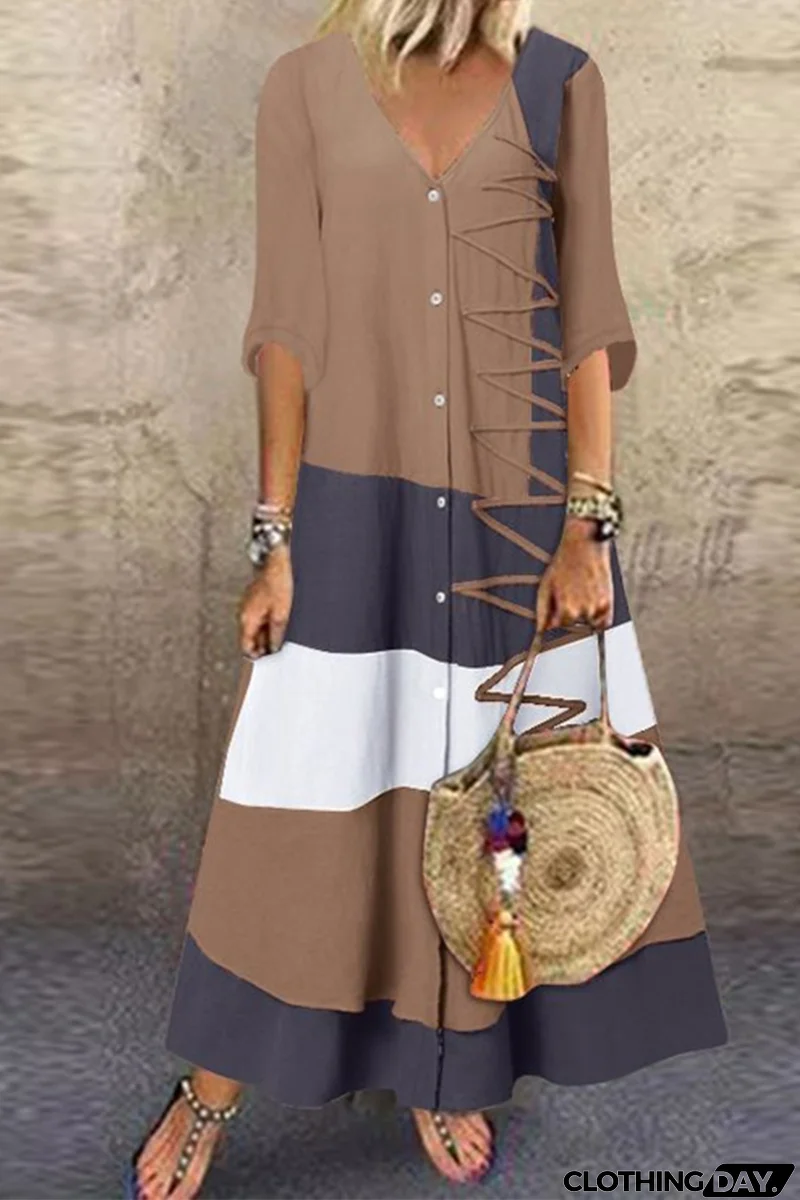 Fashion Patchwork Buttons V Neck Straight Dresses(4 Colors)