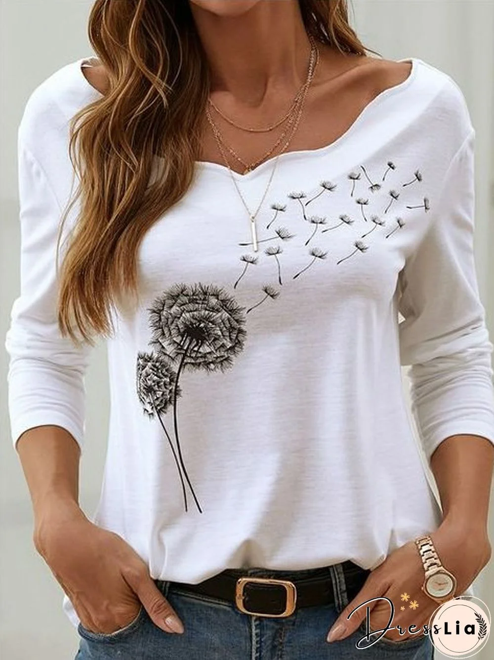 Long Sleeve Casual Cotton-Blend Crew Neck T-shirt
