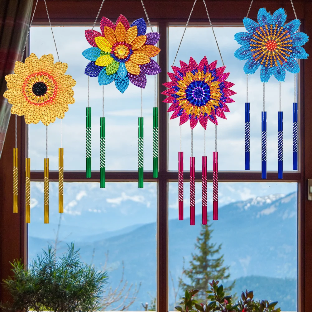 4Pcs Acrylic Colorful Flower Diamond Painting Wind Chimes DIY Crystal Wind Chime