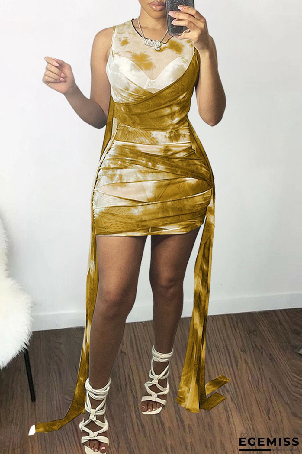 Yellow Fashion Sexy Print Tie Dye Draw String Frenulum O Neck Vest Dress | EGEMISS