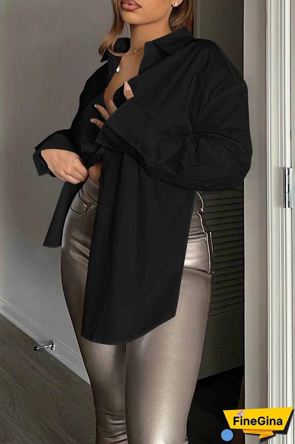 Sky Blue Casual Solid Frenulum Backless Asymmetrical Shirt Collar Tops