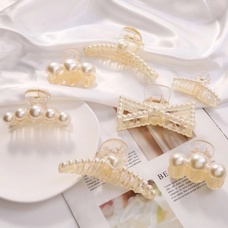 Fashion Geometric Square Heart Shape Arylic Imitation Pearl Hollow Out Hair Claws 1 Piece3