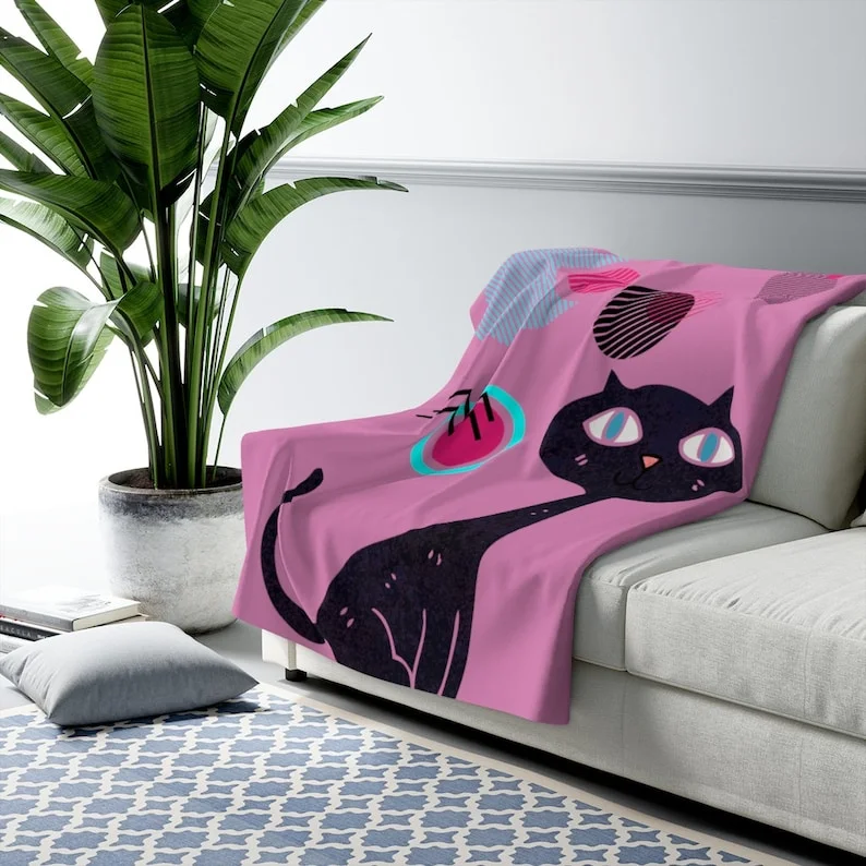 60''x80''Atomic Black Sketch 50's Cat fuchsia pink Sherpa Fleece Blanket
