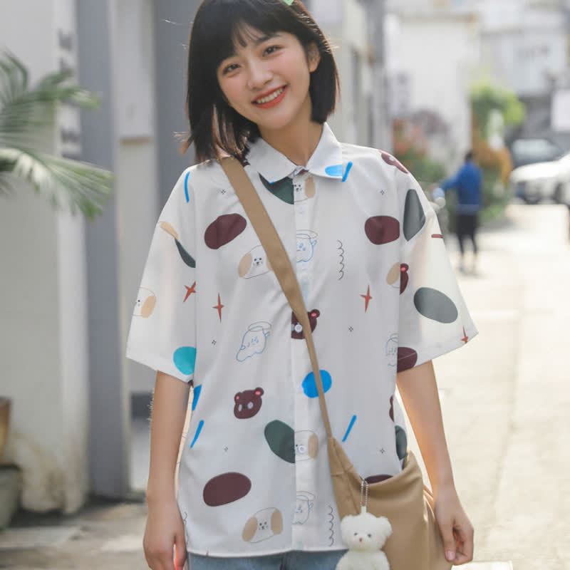 Cartoon Bear Print Lapel Casual T-Shirt