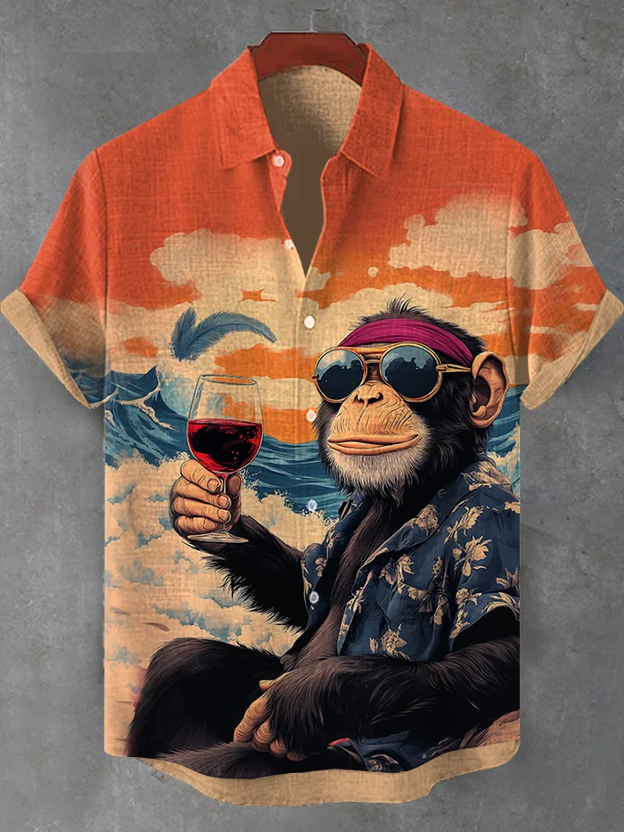 Men's Hippie Monkey Enjoying Red Wine At The Seaside Art Print Shirt
