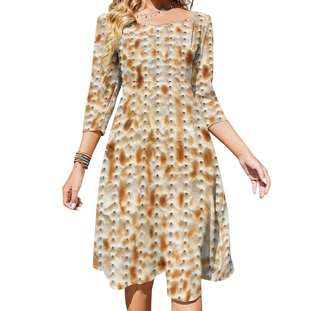 Matzah Magnified Passover Dress Sweetheart Tie Back Flared 3/4 Sleeve Midi Dresses