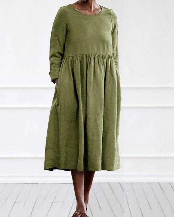 casual linen cotton plain color long sleeve midi dress p592583