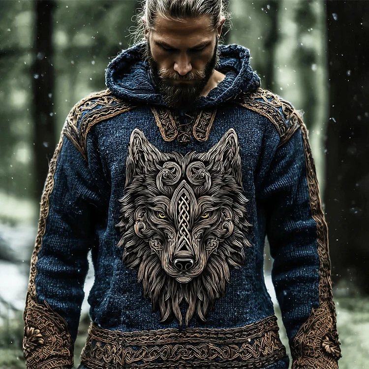 Vintage Wolf Totem Viking Art Men's Hooded Sweater