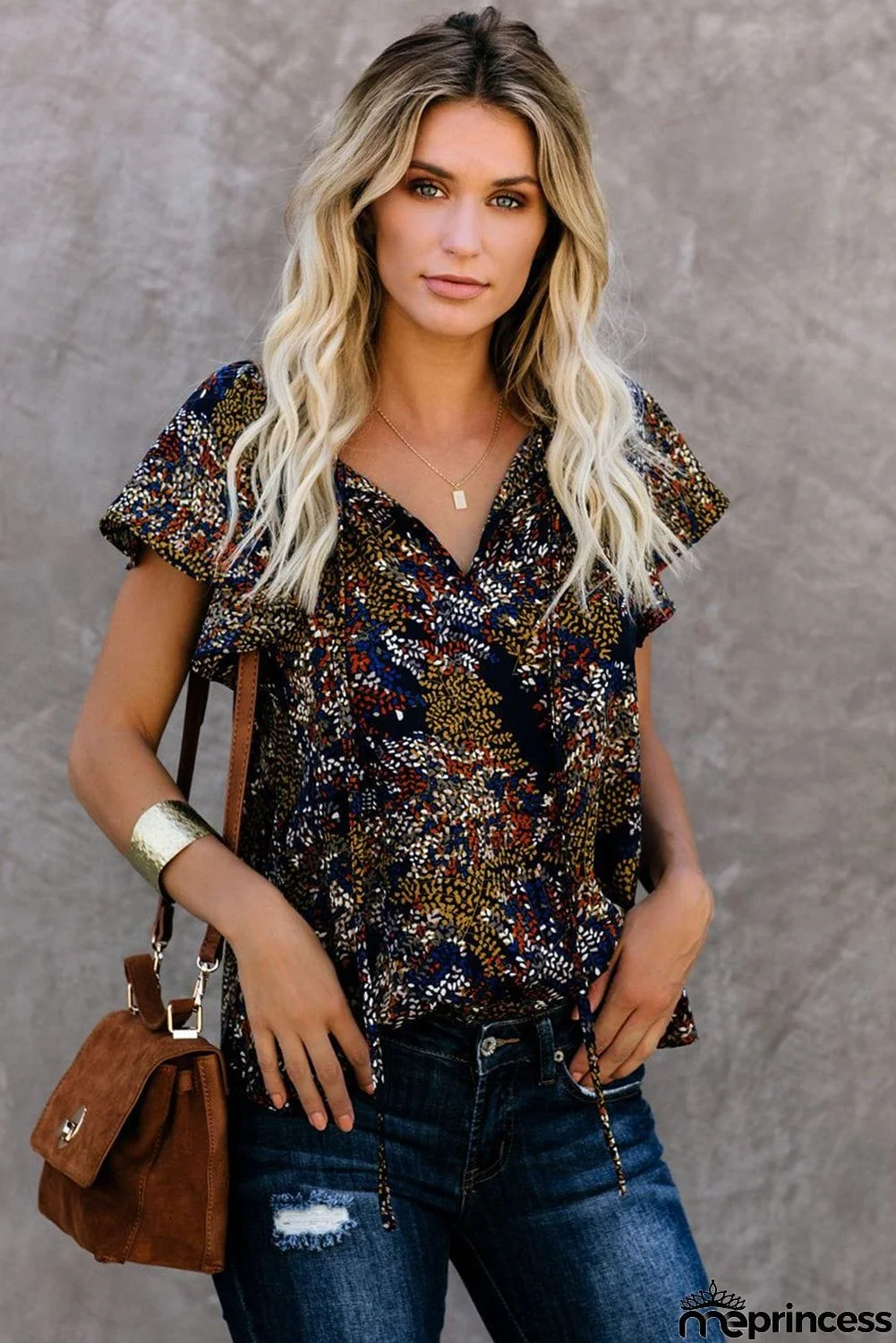 V-neck Short Sleeve Fashion Print Fantasy Fluttering Blouse