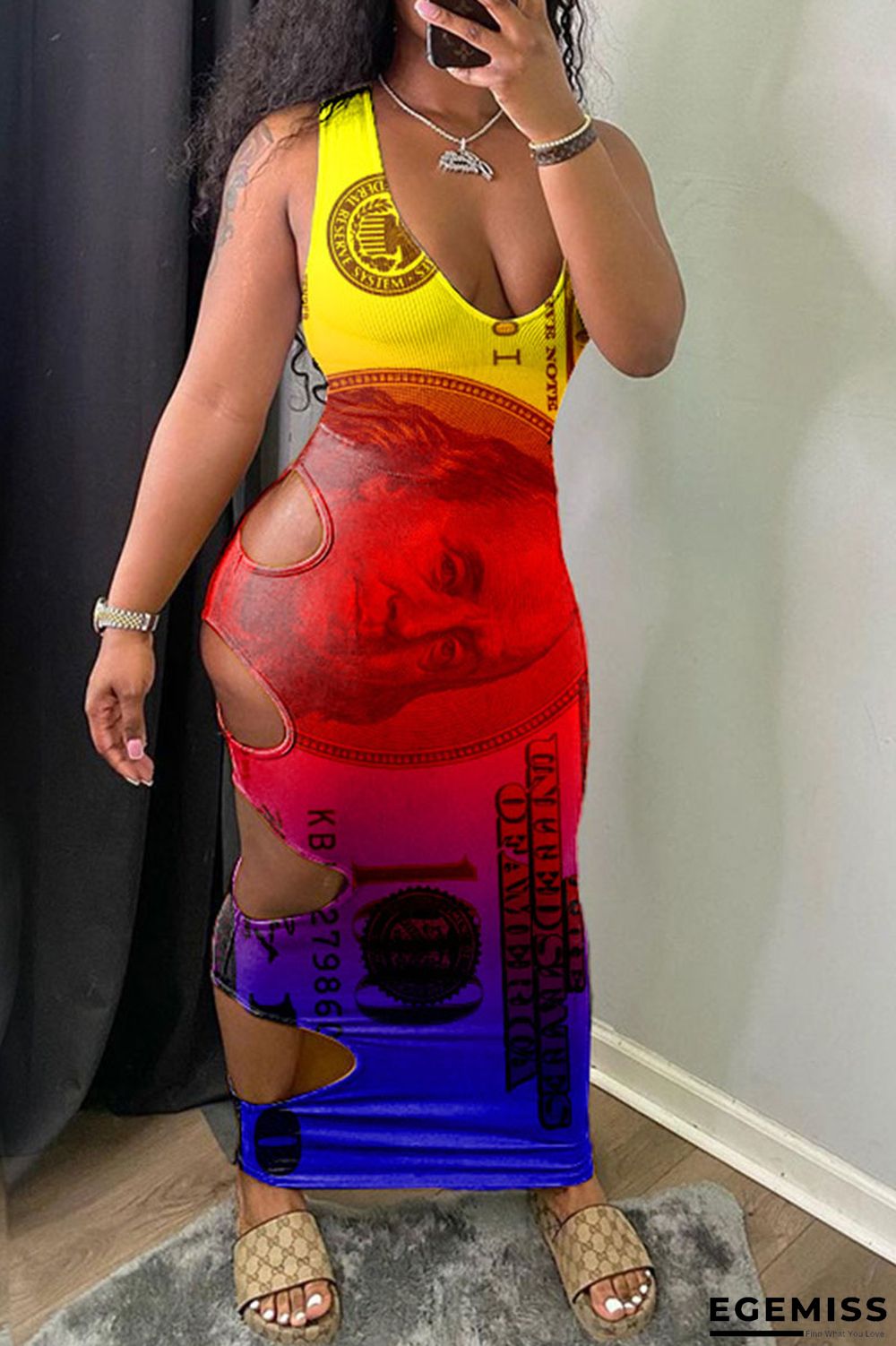 Yellow Sexy Print Hollowed Out Spaghetti Strap Pencil Skirt Dresses | EGEMISS