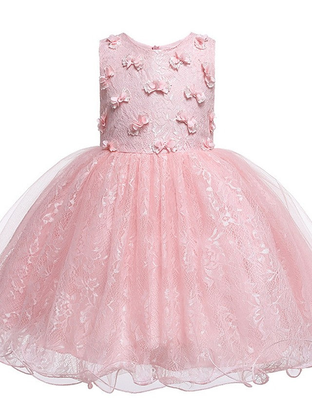 Oknass Ball Gown Sleeveless Jewel Neck Flower Girl Dress Tulle With Bow Appliques