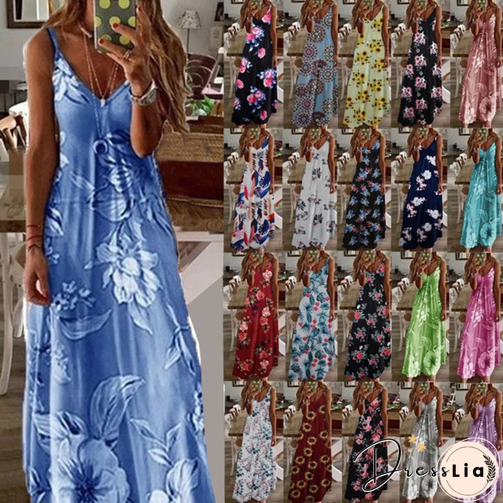 Women's Fashion Summer Sleeveless Floral Printing Sling Dress Deep V-Neck Slim Fit Big Swing Skirts Loose Casual Long Maxi Dresses Ladies Plus Size Party Dresses