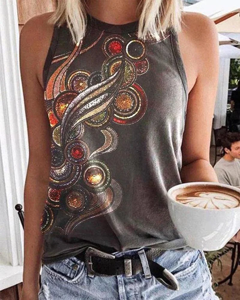Vintage Print Halter Neck Sleeveless Tank Top