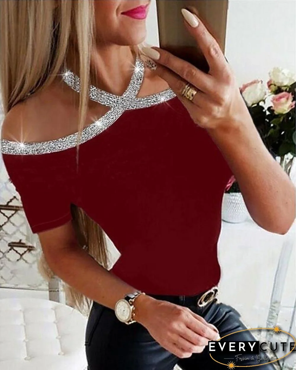 Women's T shirt Solid Colored Round Neck Tops Basic Top Black Wine Royal Blue-830