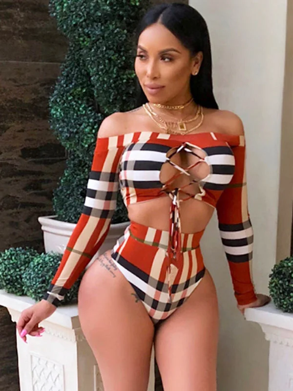 Off-The-Shoulder Long Sleeve High-Waisted Floral Printed Wetsuit Swimwear