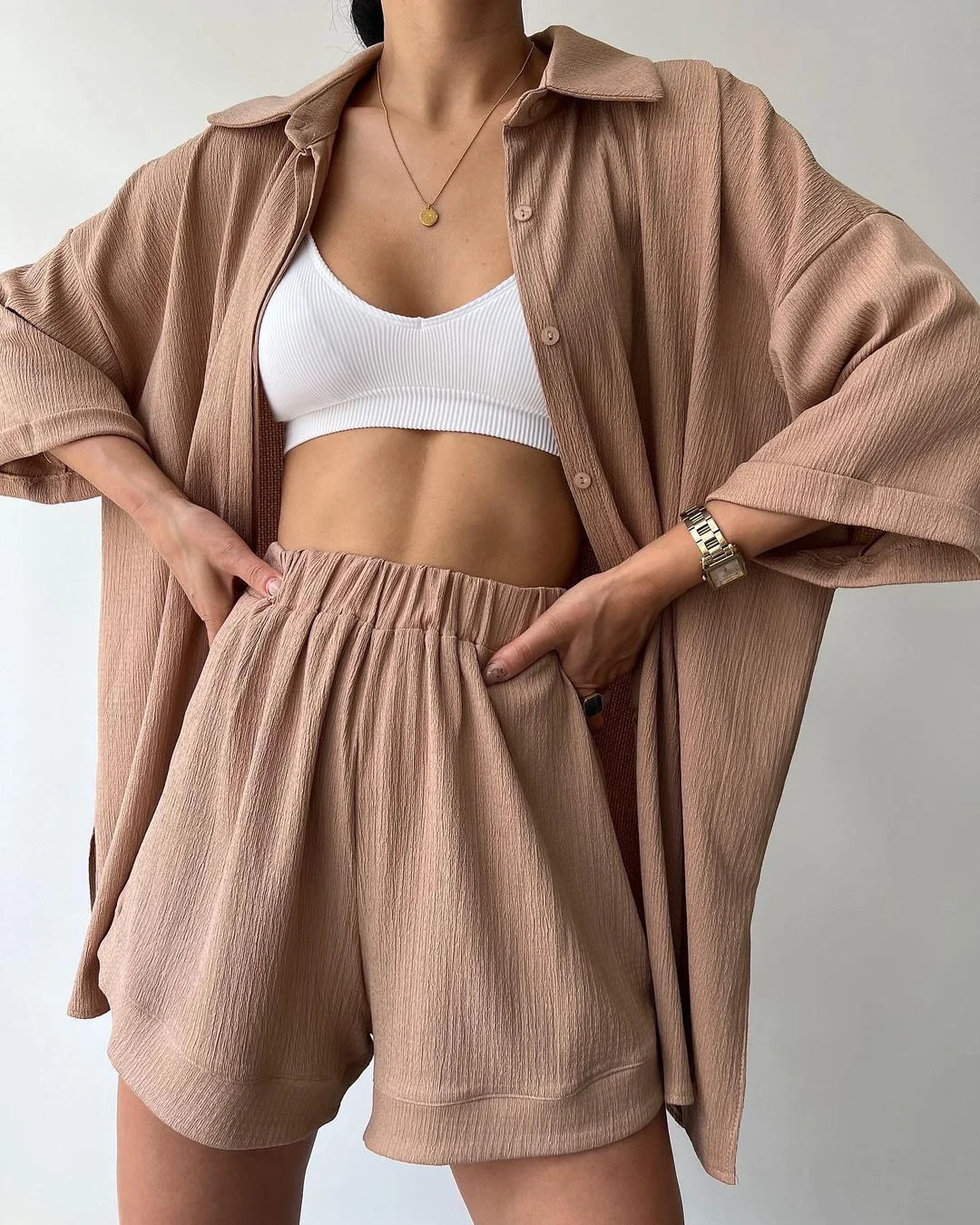 Nigikala Nigikala New Personalized Open Fork Mid-Sleeve Shirt Shorts Set