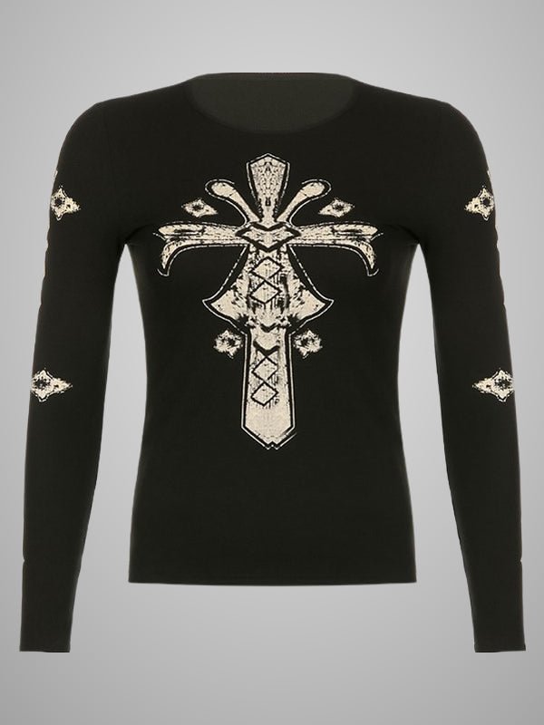Gothic Style Cross-printed Color-block Basic Knitted Sweatshirt