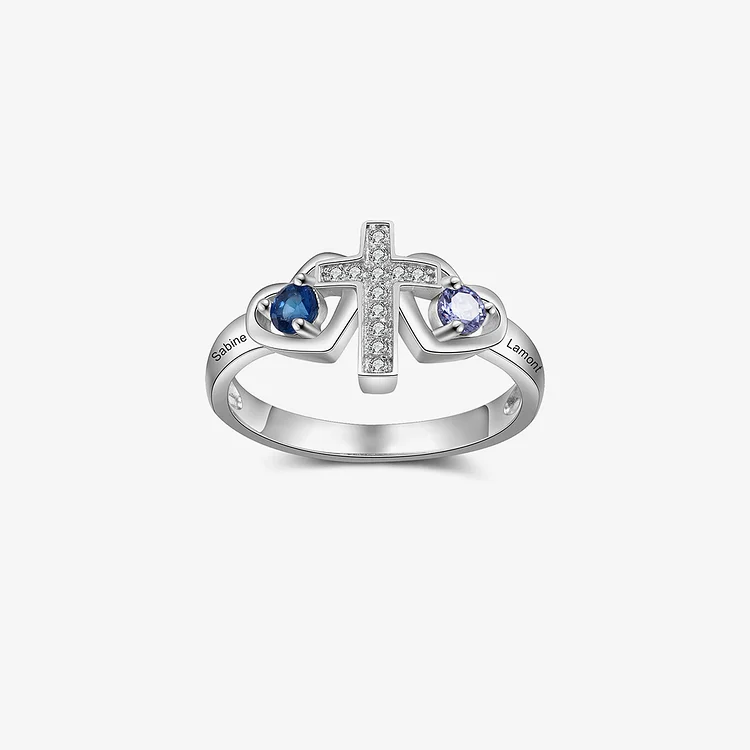 For Love - Husband & Wife Custom Names & Birthstones Cross Ring
