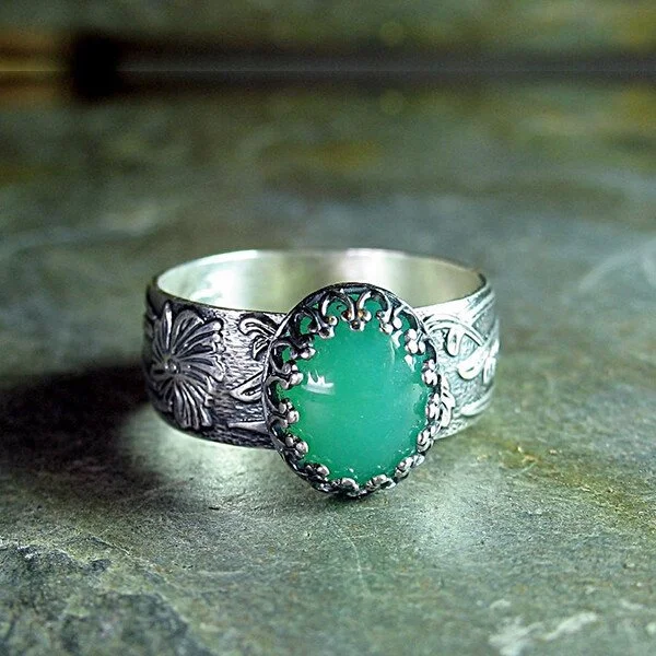 925 Carved Flower Emerald Silver Ring