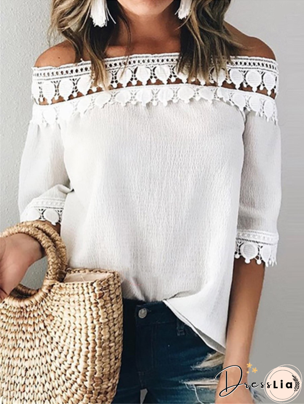 Midi-sleeve Off-shoulder White Elegant Blouses Tops