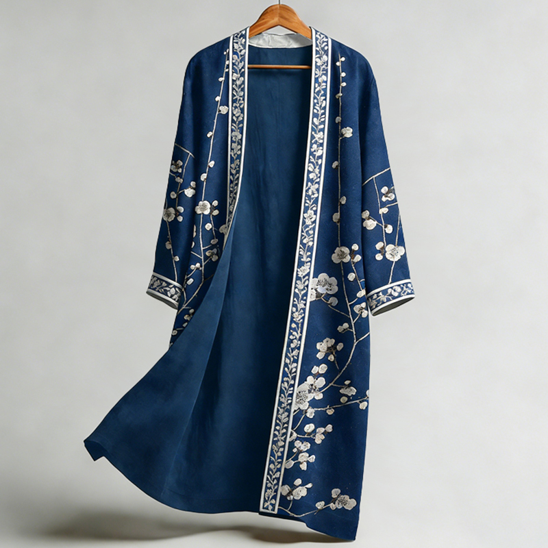 Men's Retro Japanese Sakura Art Print Linen Long Kimono  artssus