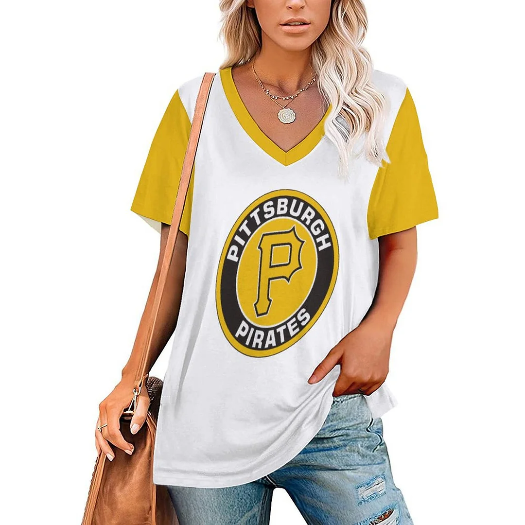 V-neck Short Sleeve Casual T-shirt for  Women Printed with Pattern,Yellow,White,Black