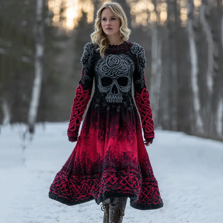 Vintage Viking Tribal Celtic Skull Gradient Art Comfy Sweater Long Dress