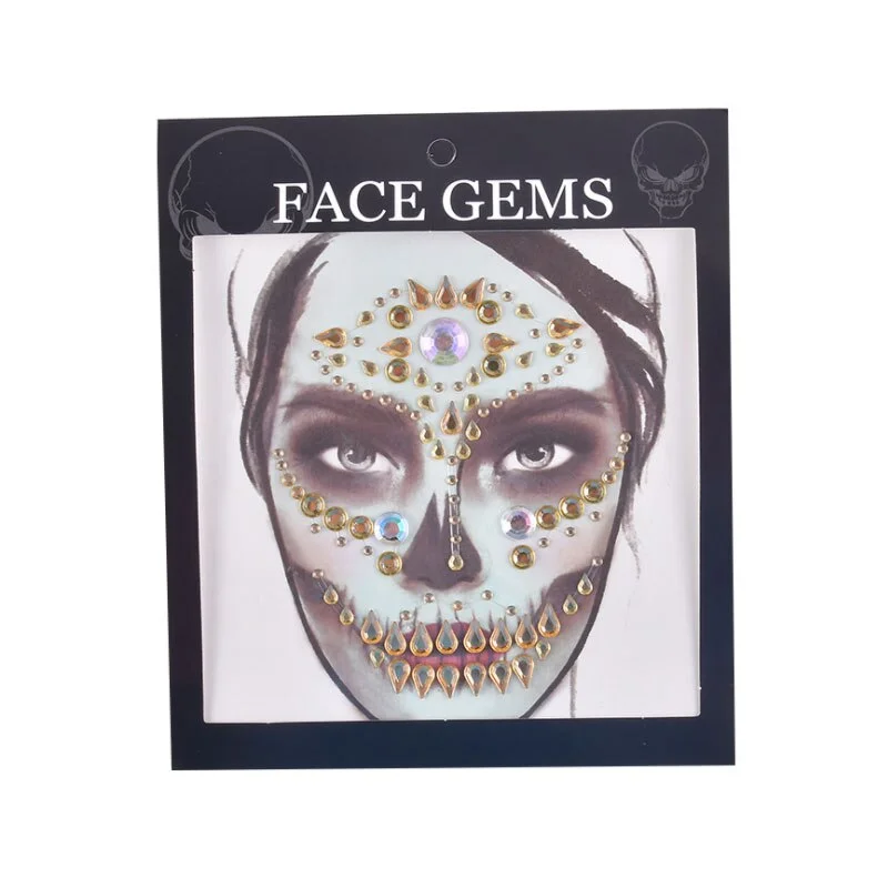 3D Gem Face Sticker Ghost Skull Face with Diamond Decoration Fashion Sexy Face Stickers Prom Holiday Party Face Decoration