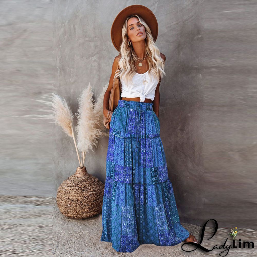 Bohemian Floral Patchwork Big Swing Maxi Tiered Skirt