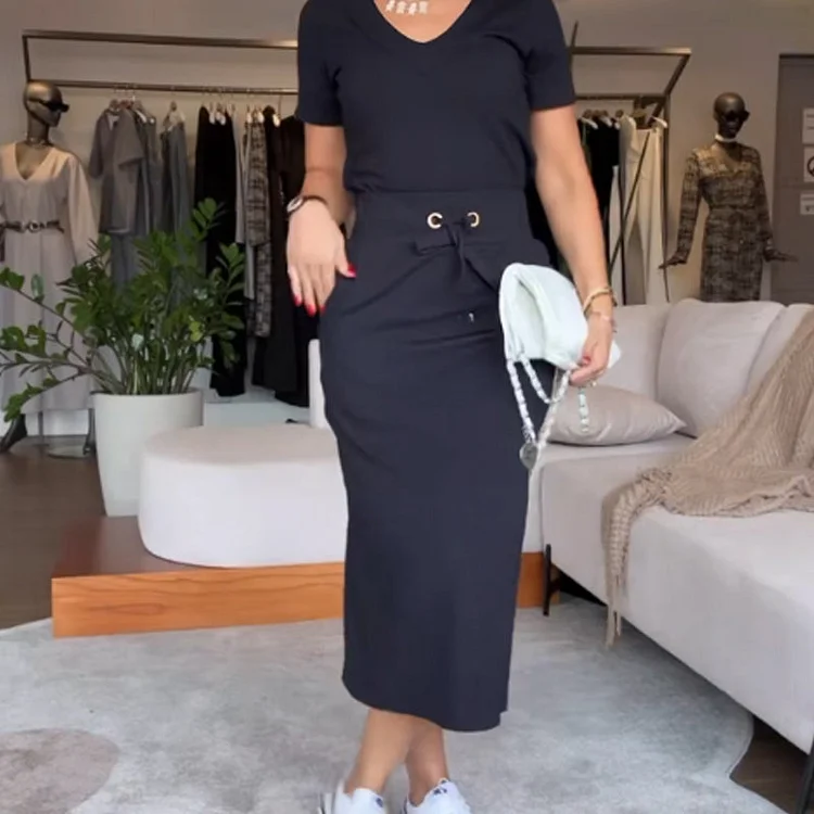 Women's V-Neck Top and Skirt Set