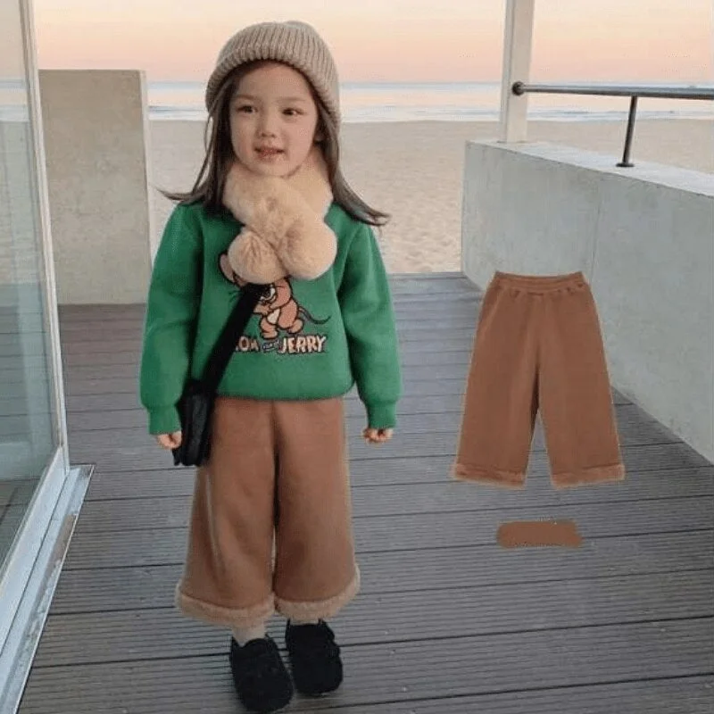 Baby Boy Girl Casual Ankle Length Pant Loose Fur Inside Infant Toddler Child Winter Warm Wide Leg Trousers Baby Clothes 1-7Y