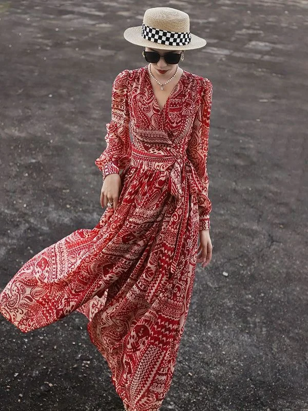 Fashion Wine Red V Neck Print Side Open Patchwork Long Dresses Fall