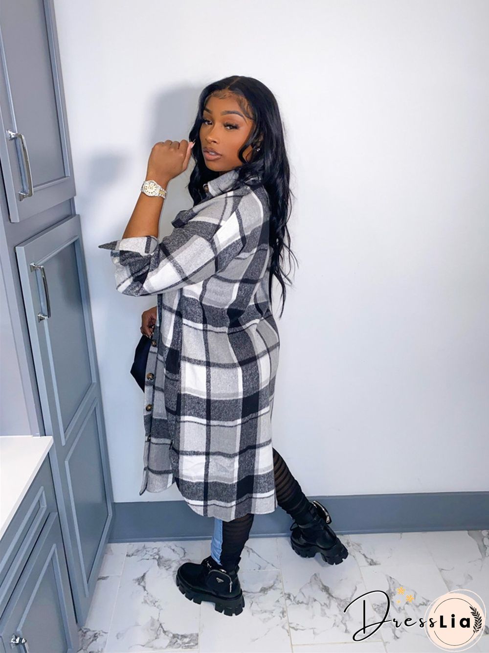 Classic Plaid Shirt Woolen Long Coat