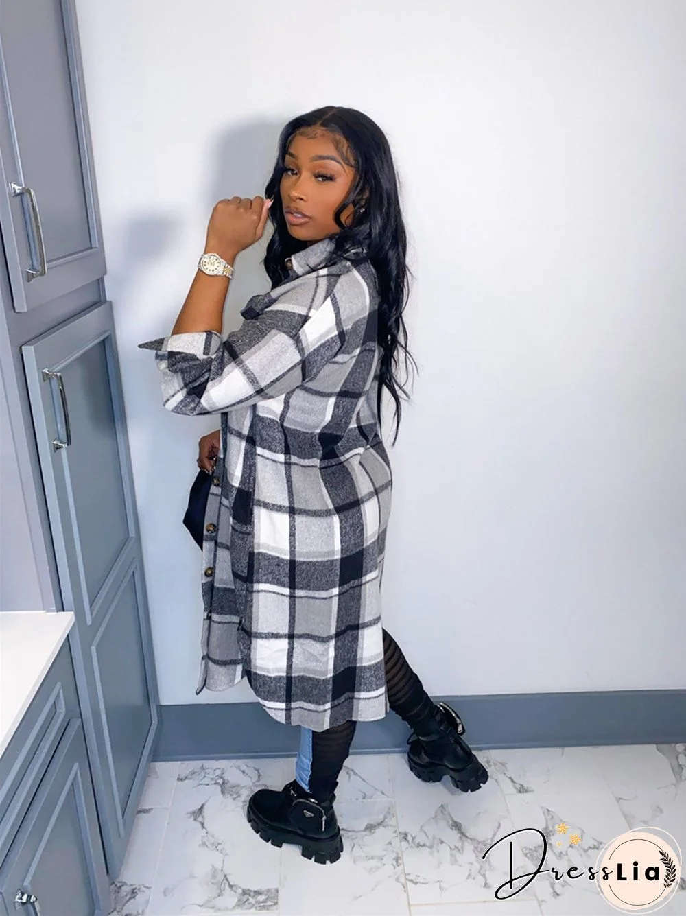 Classic Plaid Shirt Woolen Long Coat