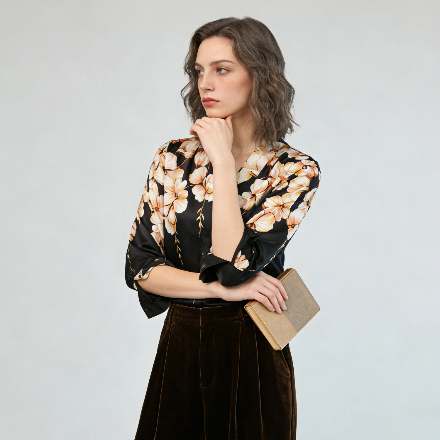 Black V-neck Froral Silk Blouses For Women Button Up REAL SILK LIFE