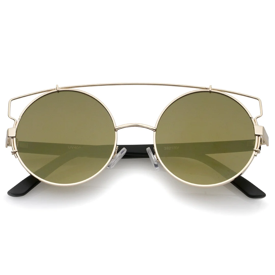 Midsize Metal Frame Horn Rimmed Crossbar Mirror Flat Lens Round glasses 53mm