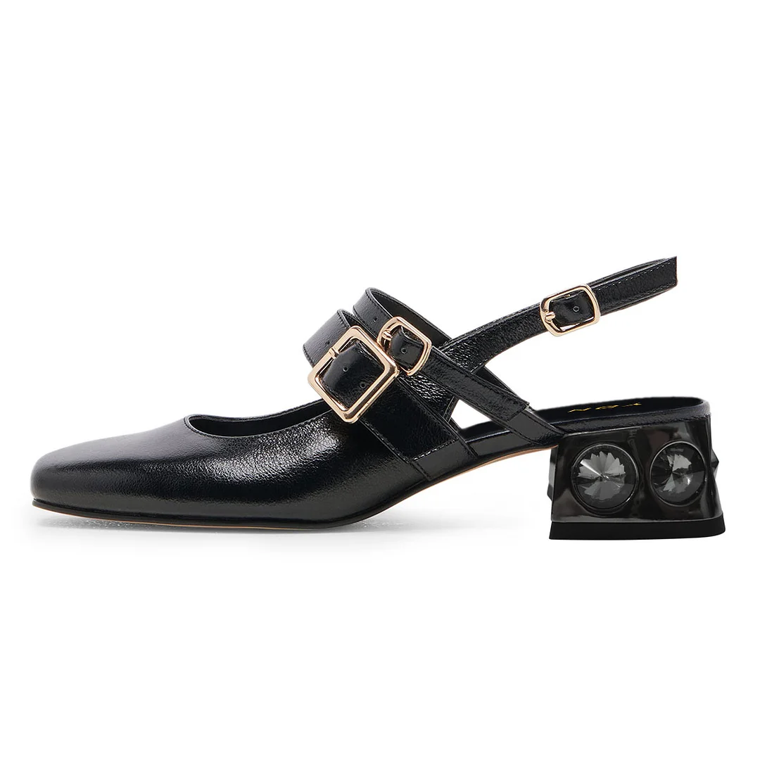 Patent Leather Square Toe Slingback Decorative Heel Loafers in Black