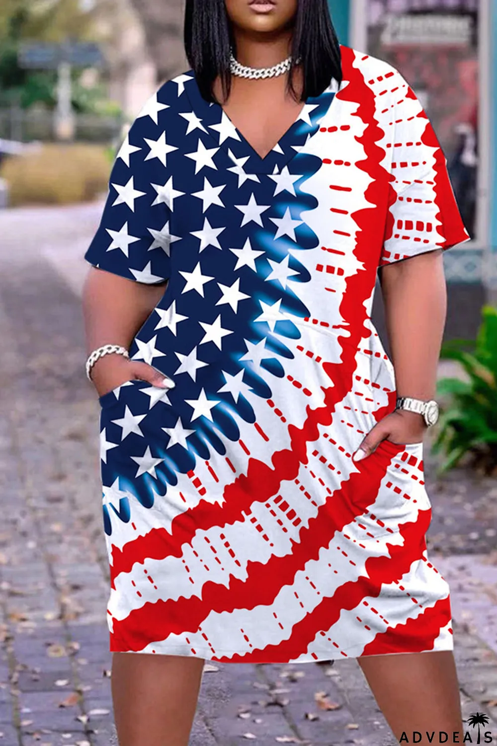 Light Brown Casual Work Print Patchwork V Neck Straight Dresses