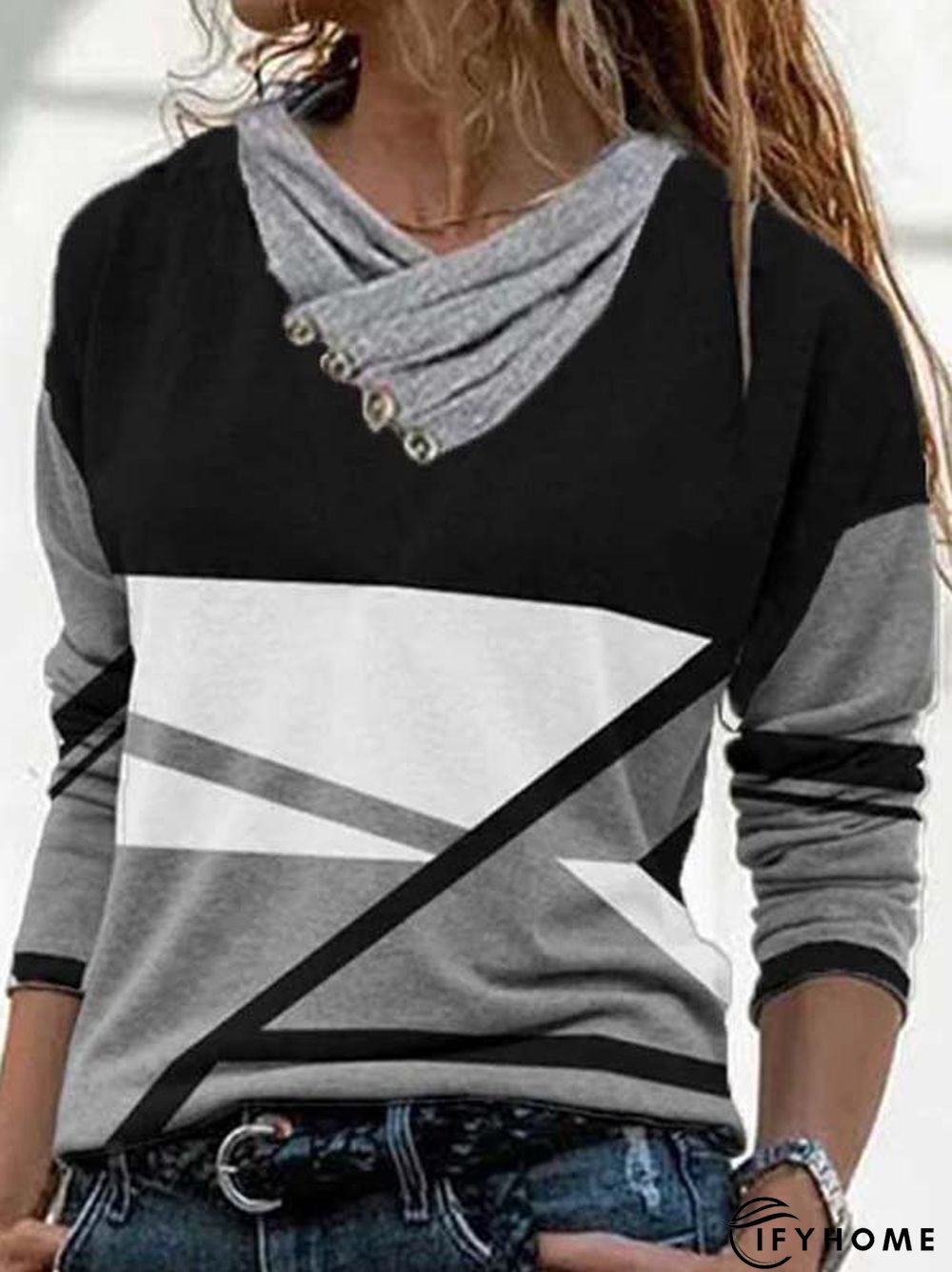 Cowl Neck Long Sleeve Color Block Casual T-shirt | IFYHOME