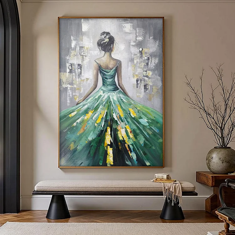 Ready to Ship | Emerald Grace: Elegant Green Dress Art（Canvas painting）