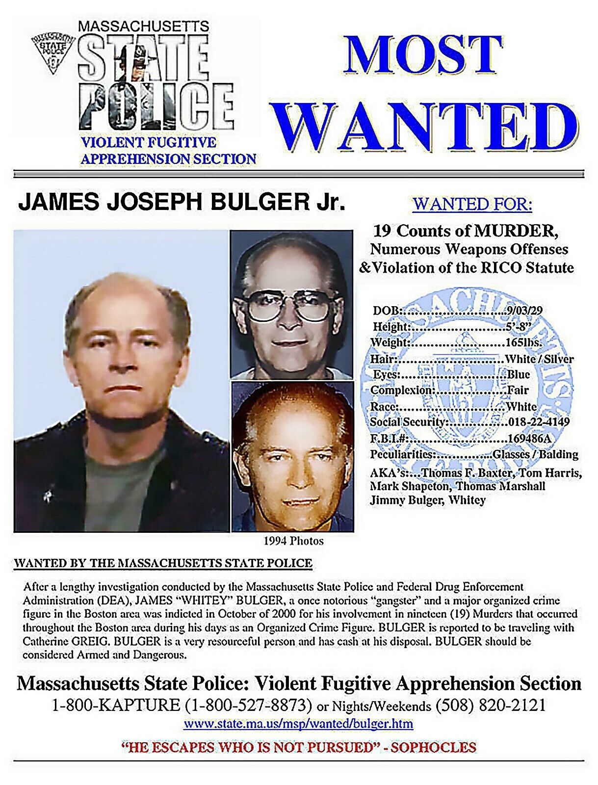 WHITEY BULGER WANTED POSTER 8.5X11 Photo Poster painting PICTURE REPRINT MOBSTER GANGSTER MAFIA