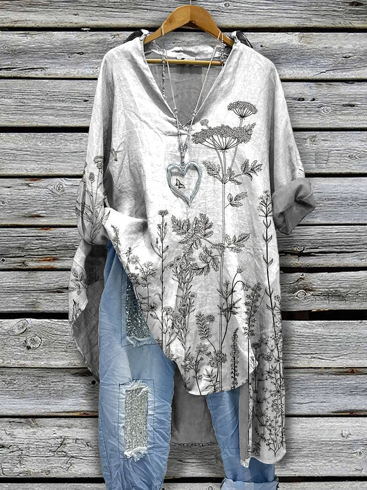 Women‘s Spring Simple Flowers Pattern Print Casual Cotton And Linen Shirtdress