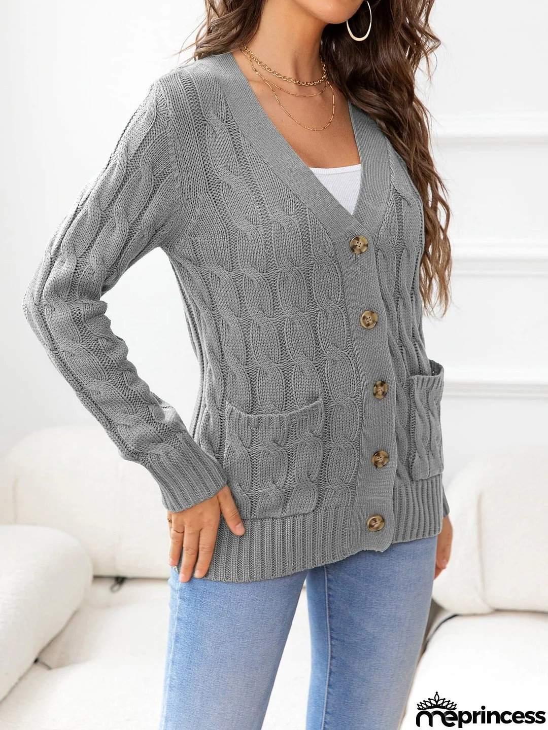 Button Down Cable-Knit Cardigan