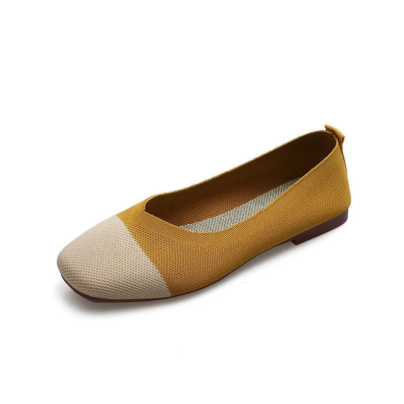 2021Women Flats Ballet Shoes Breathable Knitted Square Toe Moccasins Thick Heels Beige Yellow Flat Ballerina Shallow Female