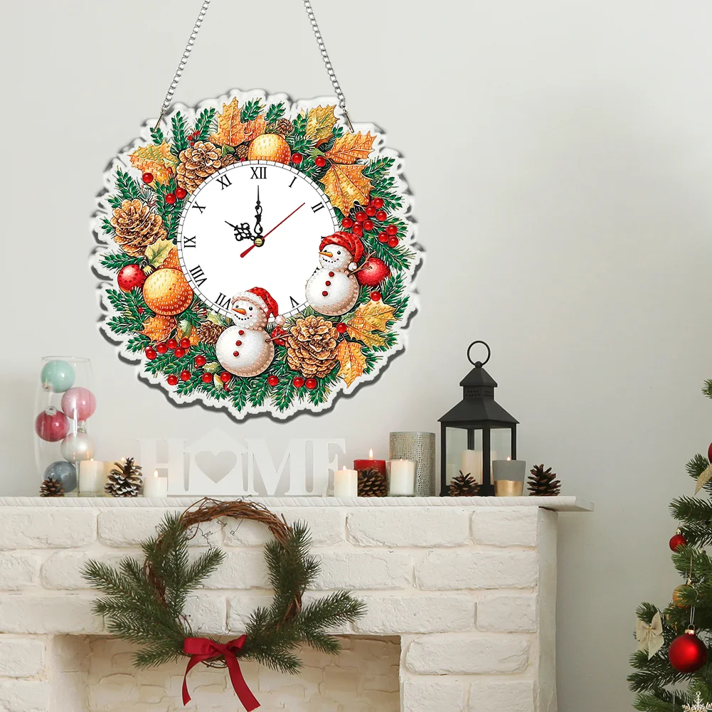 2D Flat DIY Fall Snowman Acrylic Diamond Painting Clock Pendant Home Decor