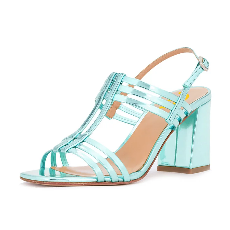 Women's Turquoise Caged Slingback Block Heel Sandals |FSJ Shoes
