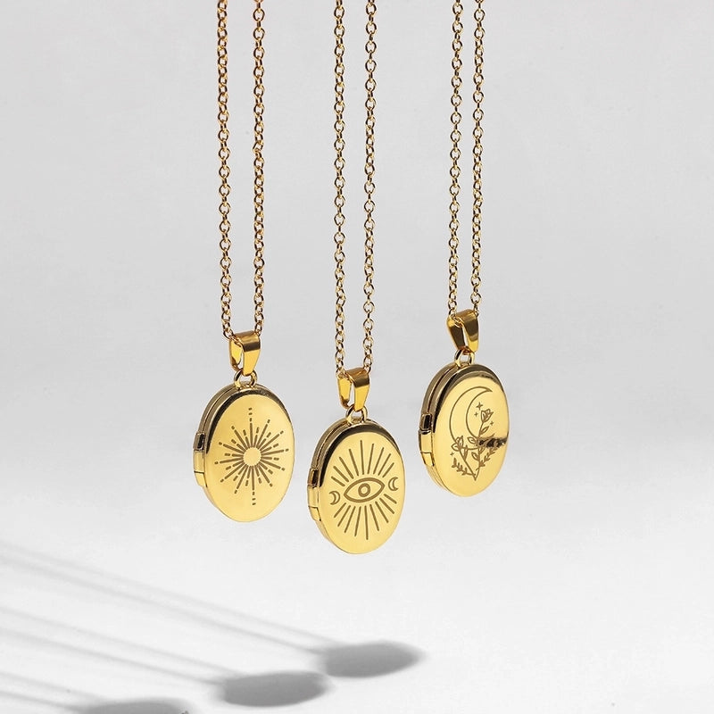 Retro Sun Devil's Eye Oval Titanium Steel Plating Locket Necklace