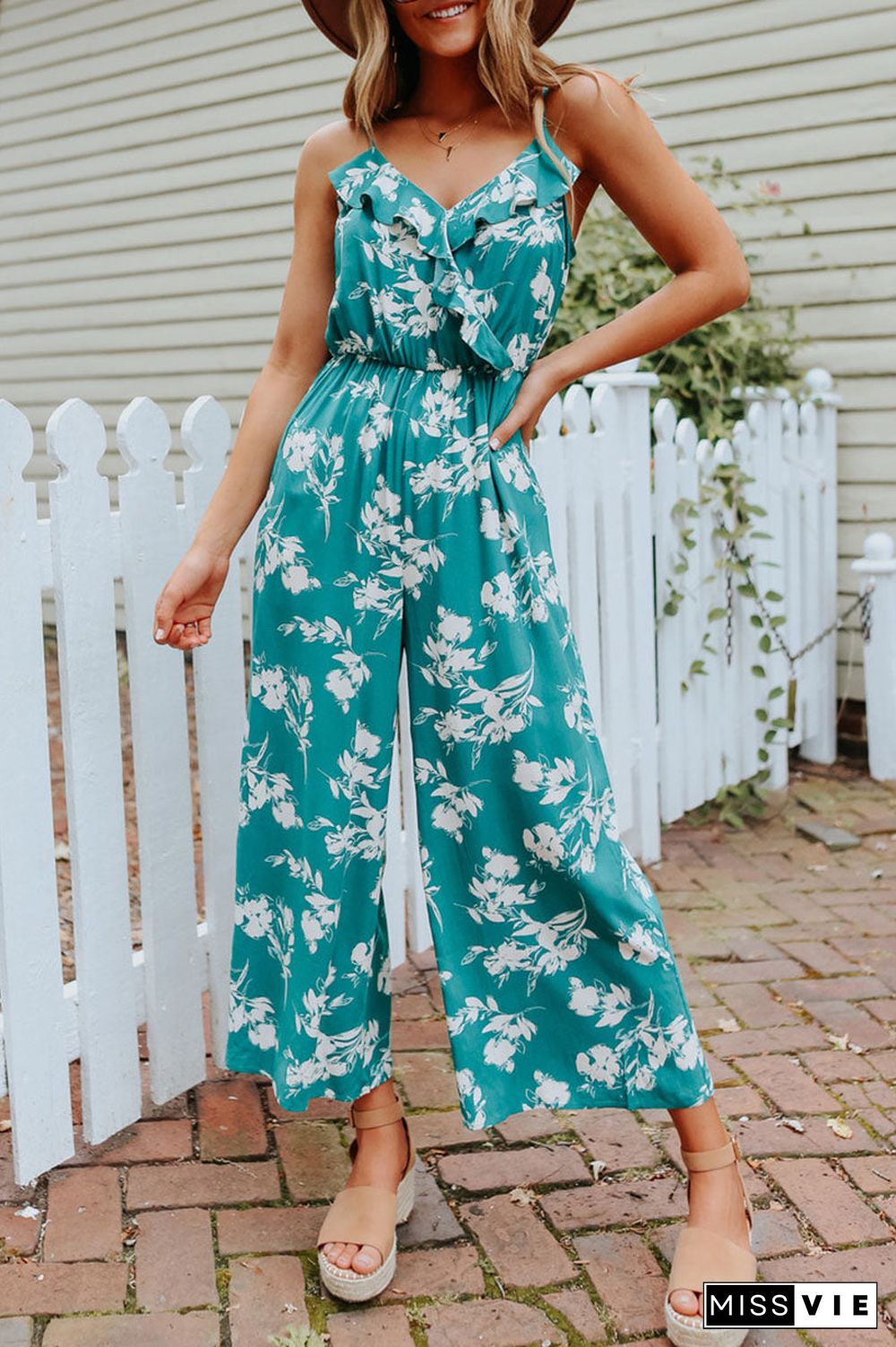 Fashion Casual Print Split Joint V Neck Loose Jumpsuits